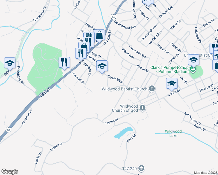 map of restaurants, bars, coffee shops, grocery stores, and more near 1500 Blazer Boulevard in Ashland
