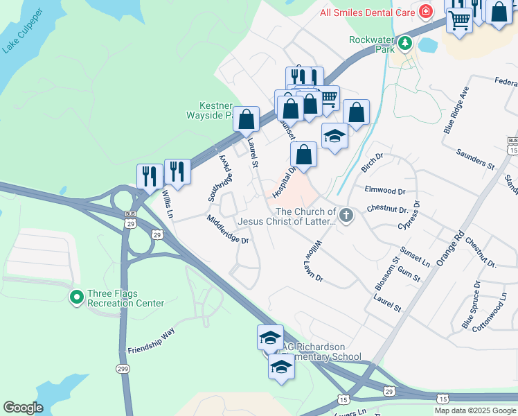 map of restaurants, bars, coffee shops, grocery stores, and more near 605 Laurel Street in Culpeper