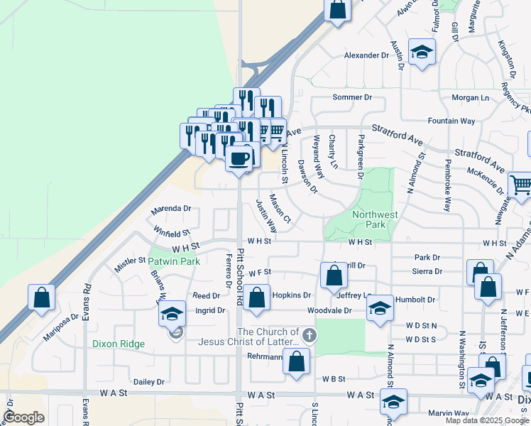 map of restaurants, bars, coffee shops, grocery stores, and more near 990 Justin Way in Dixon