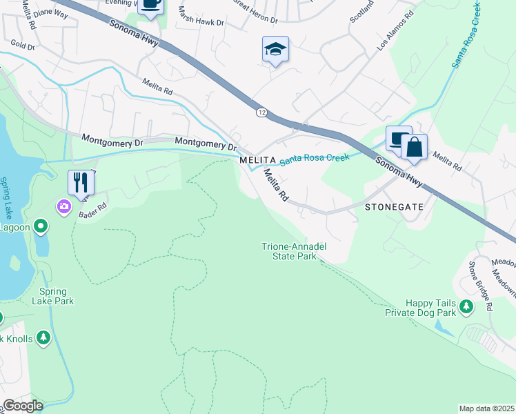 map of restaurants, bars, coffee shops, grocery stores, and more near 5921 Channel Drive in Santa Rosa