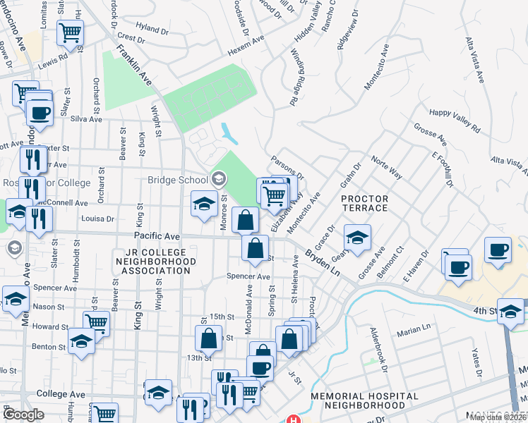 map of restaurants, bars, coffee shops, grocery stores, and more near 1555 Terrace Way in Santa Rosa