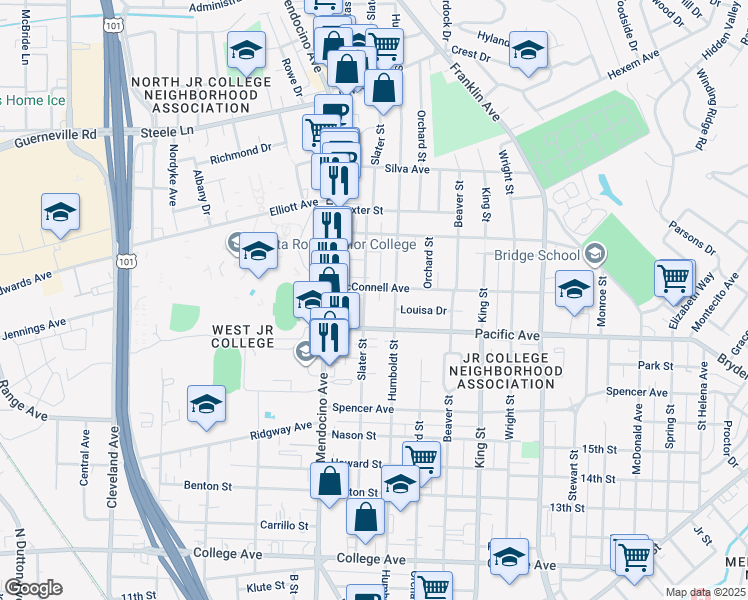 map of restaurants, bars, coffee shops, grocery stores, and more near 1237 Humboldt Street in Santa Rosa