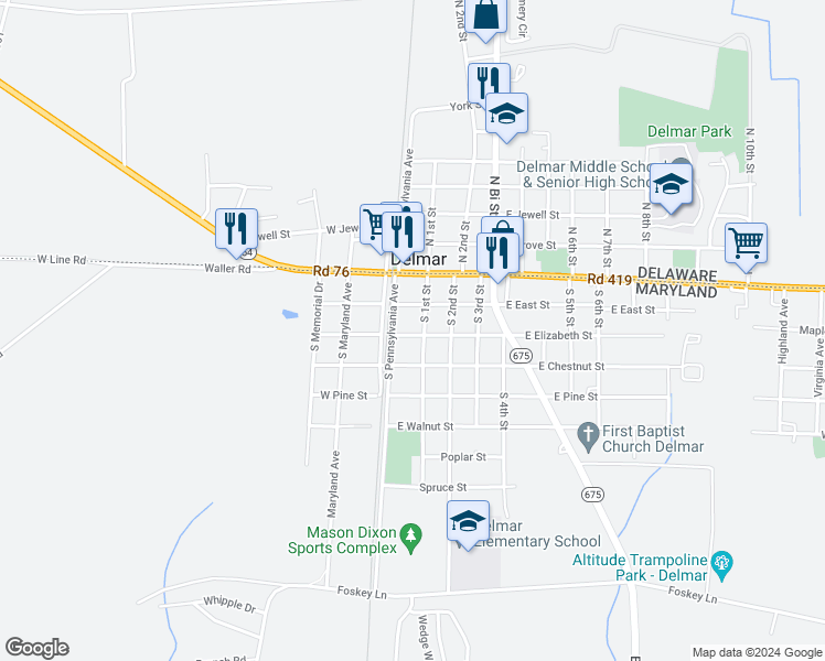 map of restaurants, bars, coffee shops, grocery stores, and more near 5 East Elizabeth Street in Delmar