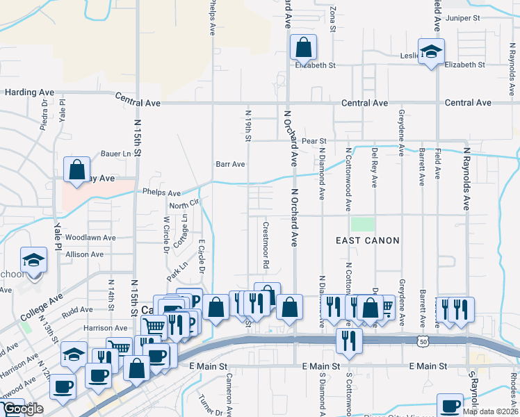 map of restaurants, bars, coffee shops, grocery stores, and more near Cherry Street in Cañon City