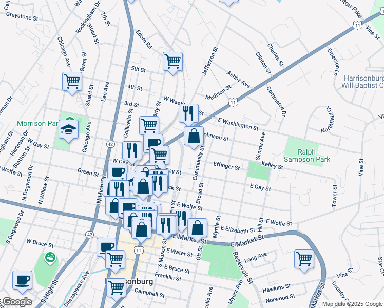 map of restaurants, bars, coffee shops, grocery stores, and more near 446 North Mason Street in Harrisonburg