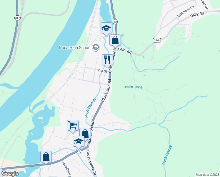 map of restaurants, bars, coffee shops, grocery stores, and more near 1356 Charleston Rd in Poca