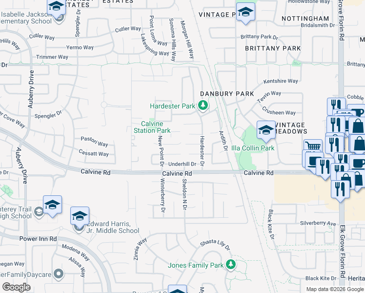map of restaurants, bars, coffee shops, grocery stores, and more near 8595 New Forest Way in Sacramento