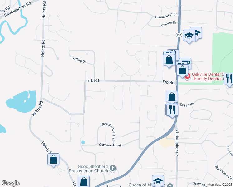 map of restaurants, bars, coffee shops, grocery stores, and more near 6142 Pathfinder Drive in St. Louis