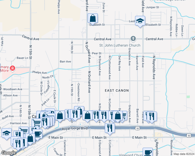 map of restaurants, bars, coffee shops, grocery stores, and more near 2121 Cherry Street in Cañon City