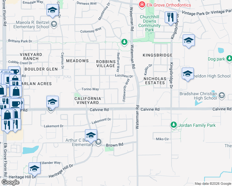 map of restaurants, bars, coffee shops, grocery stores, and more near 8365 Delicato Way in Sacramento