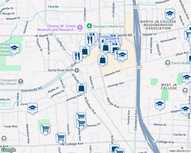 map of restaurants, bars, coffee shops, grocery stores, and more near 1320 Edwards Avenue in Santa Rosa