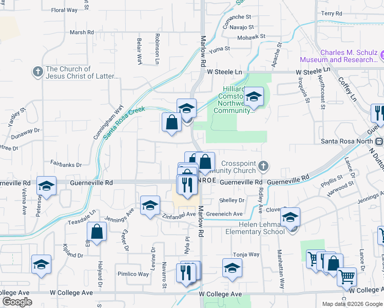 map of restaurants, bars, coffee shops, grocery stores, and more near 2041 Guerneville Road in Santa Rosa