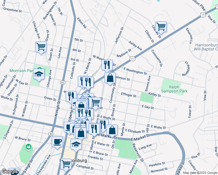 map of restaurants, bars, coffee shops, grocery stores, and more near 446 North Mason Street in Harrisonburg