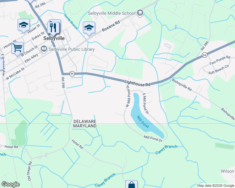 map of restaurants, bars, coffee shops, grocery stores, and more near 110 West Mill Pond Drive in Selbyville