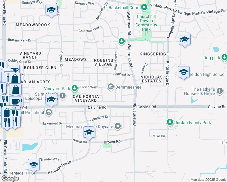 map of restaurants, bars, coffee shops, grocery stores, and more near 8365 Delicato Way in Sacramento