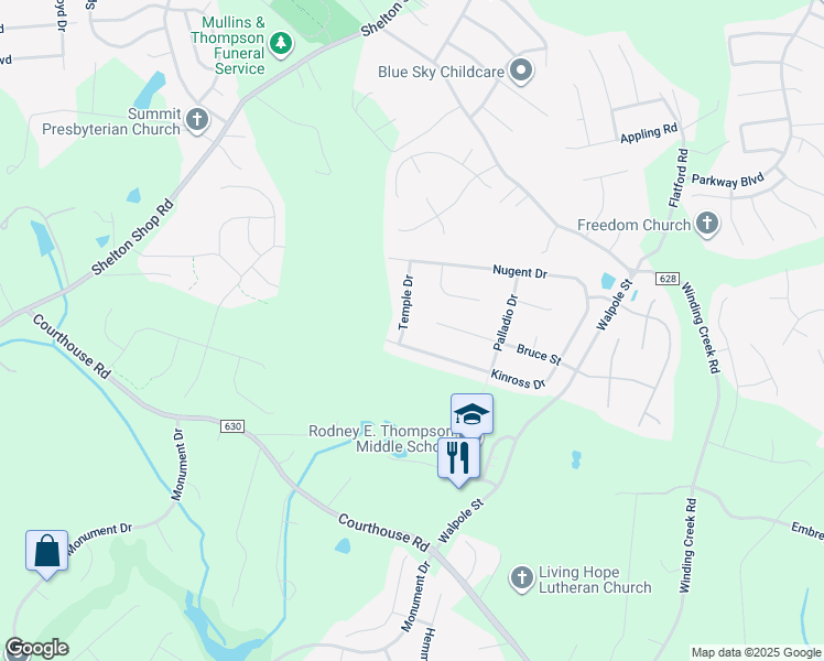 map of restaurants, bars, coffee shops, grocery stores, and more near 4 Temple Drive in Stafford