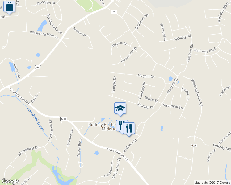 map of restaurants, bars, coffee shops, grocery stores, and more near 4 Temple Drive in Stafford