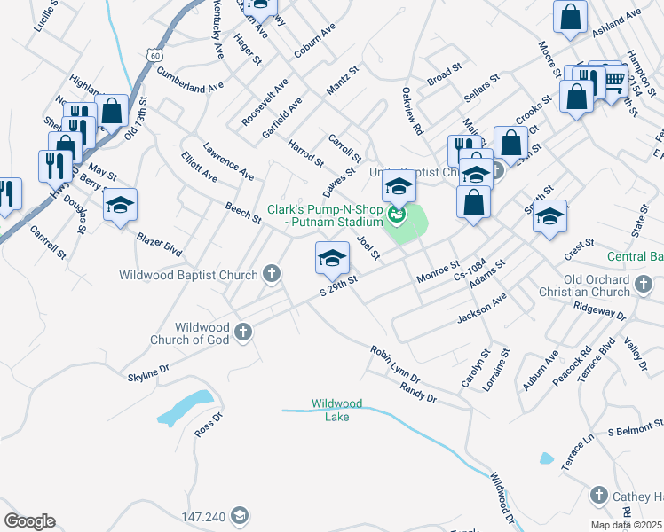 map of restaurants, bars, coffee shops, grocery stores, and more near 2801 Prichard Street in Ashland