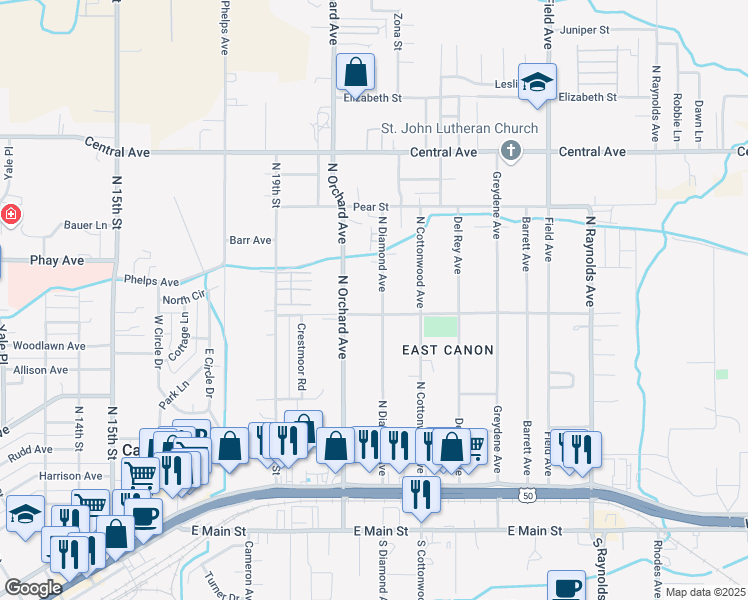 map of restaurants, bars, coffee shops, grocery stores, and more near 505 North Diamond Avenue in Cañon City