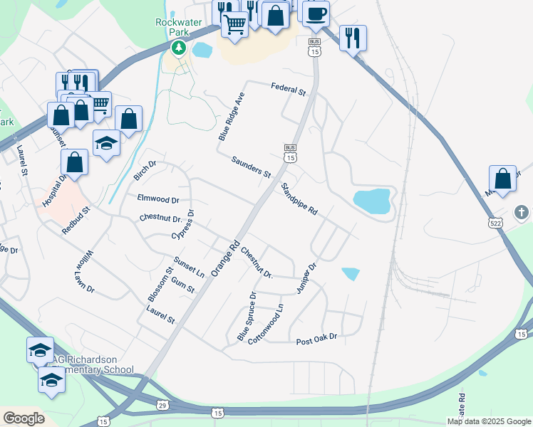 map of restaurants, bars, coffee shops, grocery stores, and more near 1931 Orange Road in Culpeper