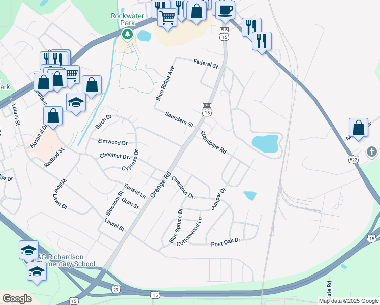map of restaurants, bars, coffee shops, grocery stores, and more near 1931 Orange Road in Culpeper