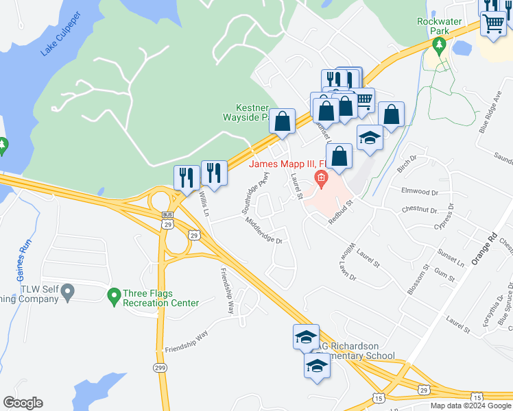 map of restaurants, bars, coffee shops, grocery stores, and more near 690 Southview Court in Culpeper