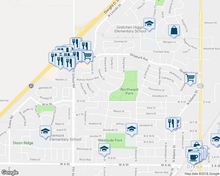 map of restaurants, bars, coffee shops, grocery stores, and more near 910 Lincoln Court in Dixon