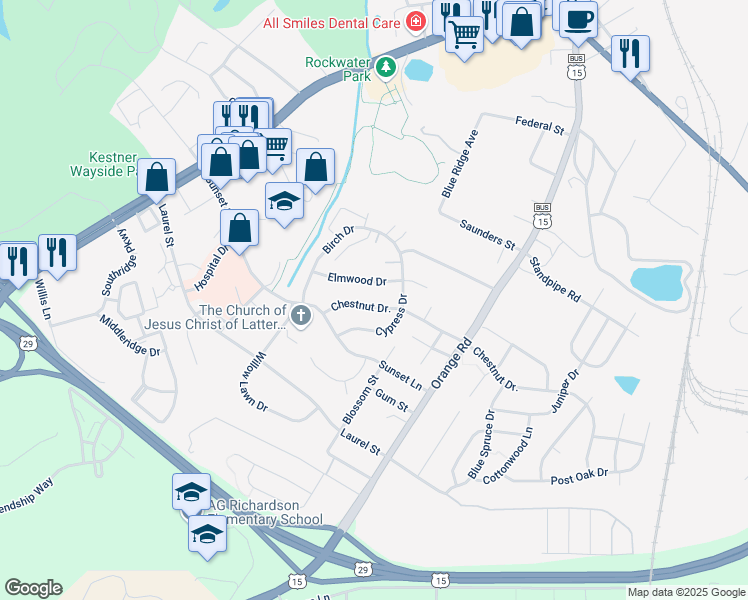 map of restaurants, bars, coffee shops, grocery stores, and more near 2100 Cypress Drive in Culpeper