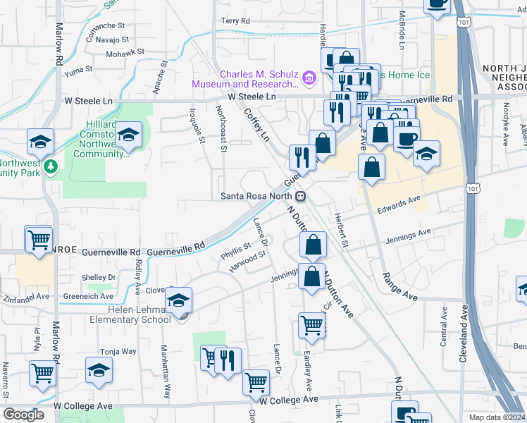 map of restaurants, bars, coffee shops, grocery stores, and more near 1865 Guadalajara Court in Santa Rosa