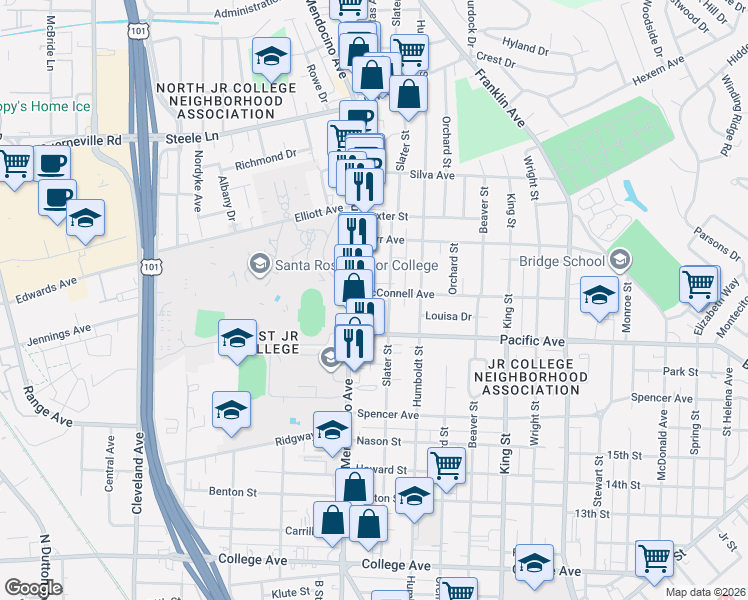 map of restaurants, bars, coffee shops, grocery stores, and more near 533 Pacific Avenue in Santa Rosa