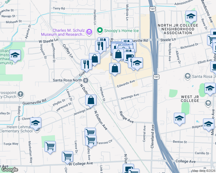 map of restaurants, bars, coffee shops, grocery stores, and more near 1320 Edwards Avenue in Santa Rosa