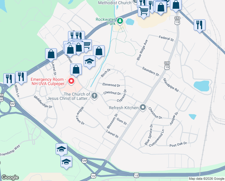 map of restaurants, bars, coffee shops, grocery stores, and more near 301 Chestnut Drive in Culpeper
