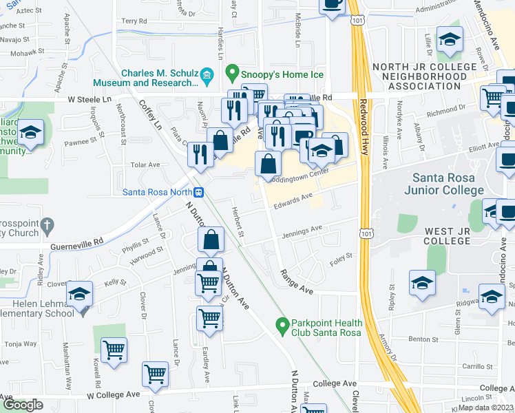 map of restaurants, bars, coffee shops, grocery stores, and more near 1317 Edwards Avenue in Santa Rosa