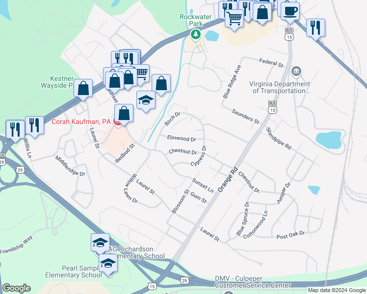map of restaurants, bars, coffee shops, grocery stores, and more near 300 Chestnut Drive in Culpeper