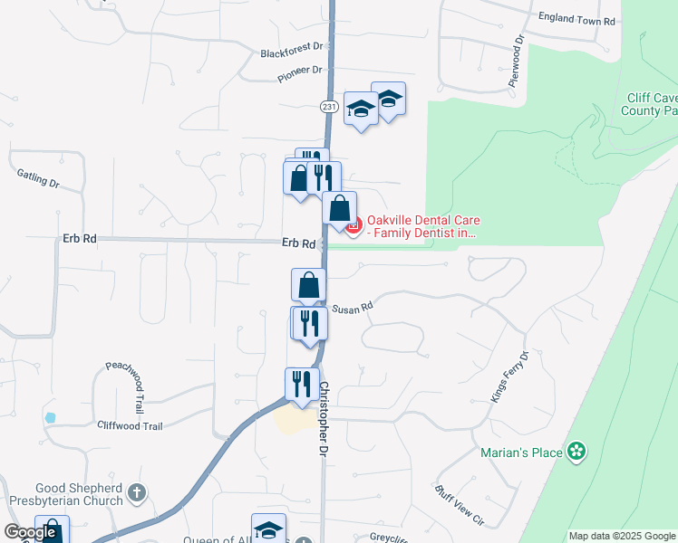 map of restaurants, bars, coffee shops, grocery stores, and more near 2484 Boardwalk Place in St. Louis