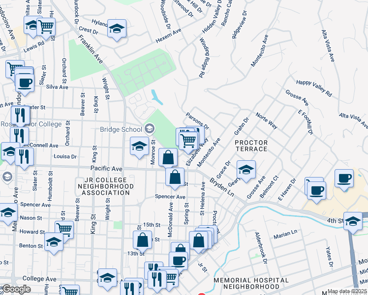 map of restaurants, bars, coffee shops, grocery stores, and more near 1555 Terrace Way in Santa Rosa