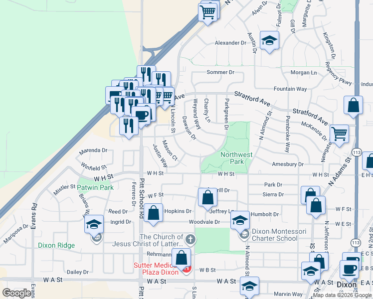 map of restaurants, bars, coffee shops, grocery stores, and more near 875 Merryfield Drive in Dixon