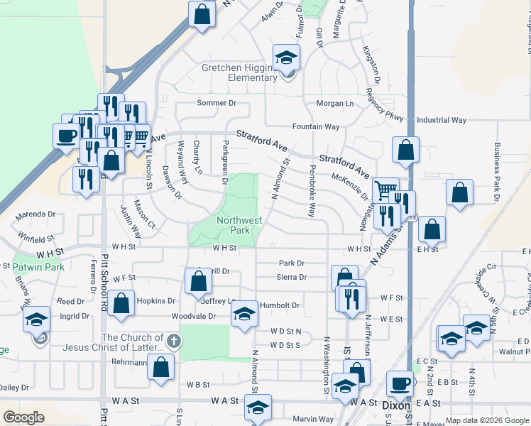 map of restaurants, bars, coffee shops, grocery stores, and more near 895 North Almond Street in Dixon