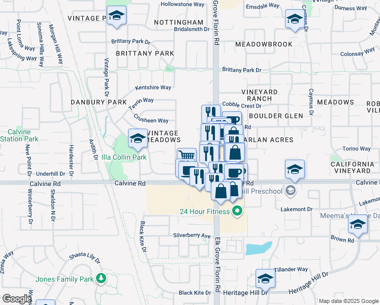 map of restaurants, bars, coffee shops, grocery stores, and more near 8350 Elk Grove Florin Road in Sacramento