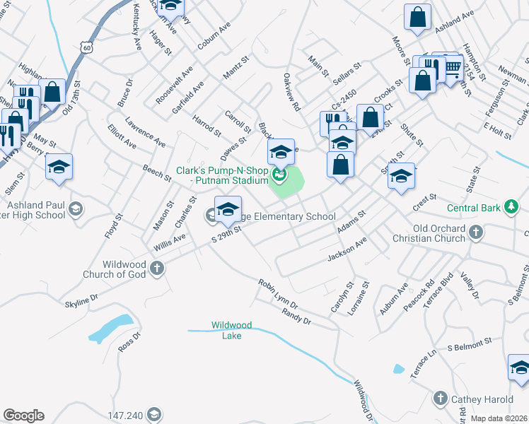 map of restaurants, bars, coffee shops, grocery stores, and more near 2924 South 29th Street in Ashland