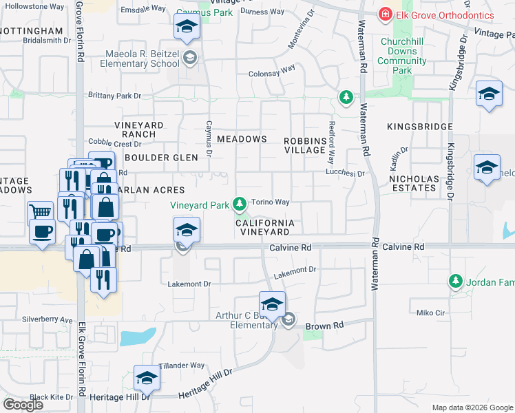 map of restaurants, bars, coffee shops, grocery stores, and more near 8367 Grand Cru Drive in Sacramento
