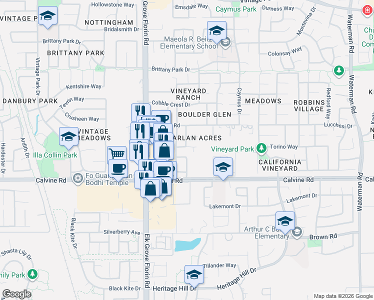 map of restaurants, bars, coffee shops, grocery stores, and more near 8972 Luna Bay Way in Sacramento