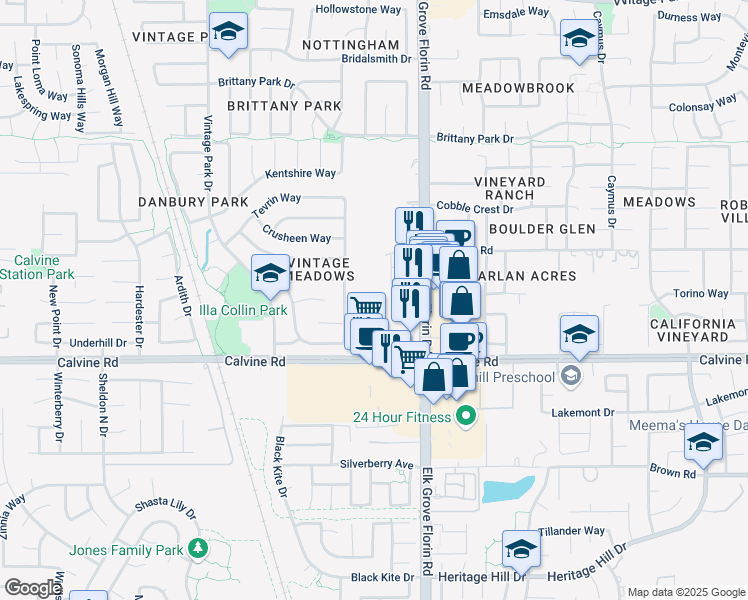 map of restaurants, bars, coffee shops, grocery stores, and more near 8855 Liscarney Way in Sacramento
