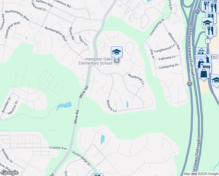 map of restaurants, bars, coffee shops, grocery stores, and more near 61 Brittany Lane in Stafford