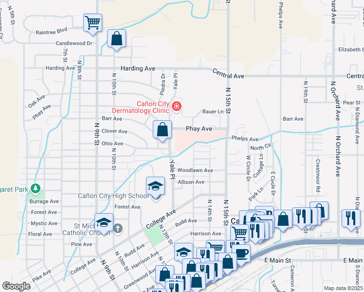 map of restaurants, bars, coffee shops, grocery stores, and more near 1338 Phay Avenue in Cañon City