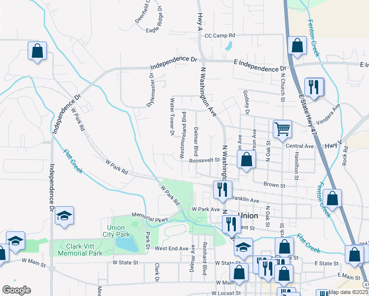 map of restaurants, bars, coffee shops, grocery stores, and more near 1044 Westmoreland Boulevard in Union