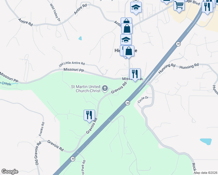 map of restaurants, bars, coffee shops, grocery stores, and more near 3200 High Ridge Heights in High Ridge