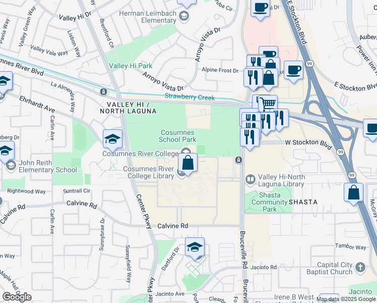 map of restaurants, bars, coffee shops, grocery stores, and more near in Sacramento