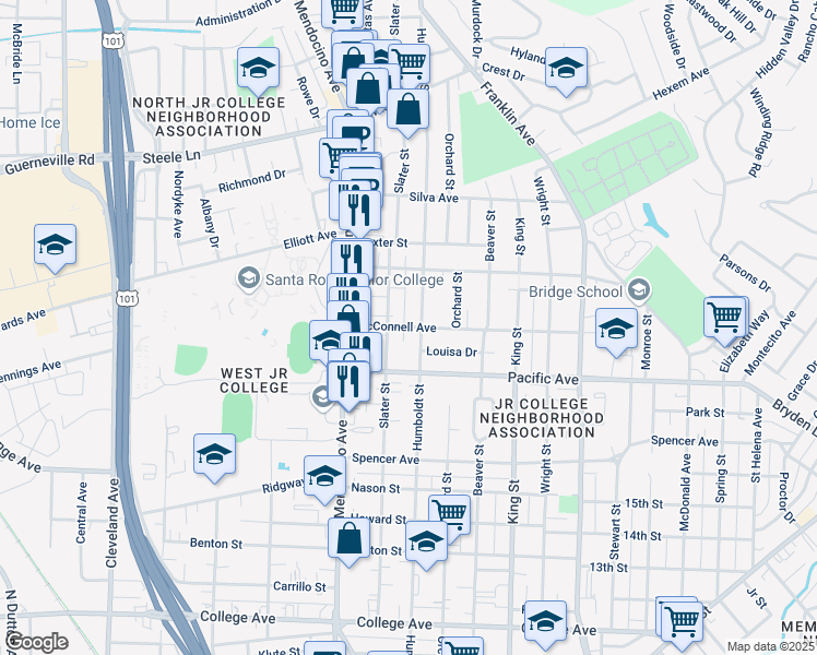 map of restaurants, bars, coffee shops, grocery stores, and more near 654 McConnell Avenue in Santa Rosa