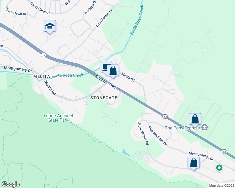 map of restaurants, bars, coffee shops, grocery stores, and more near 127 Brand Road in Santa Rosa